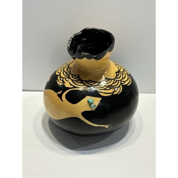 Vintage African Tribal Carved Gourd Box Lizards Africa Paint Deco Black Brown